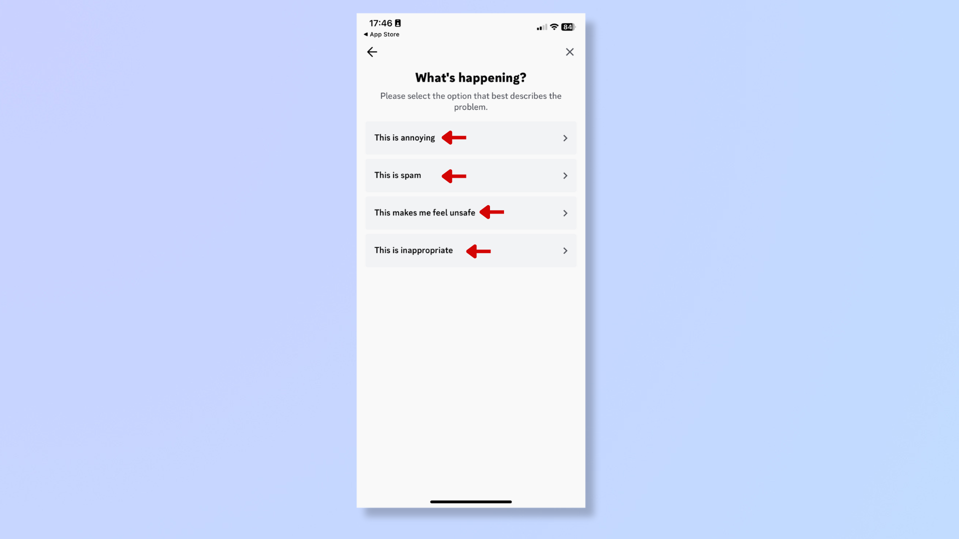 Screenshot of the Discord app on iOS with red arrows pointing to three report options and a 