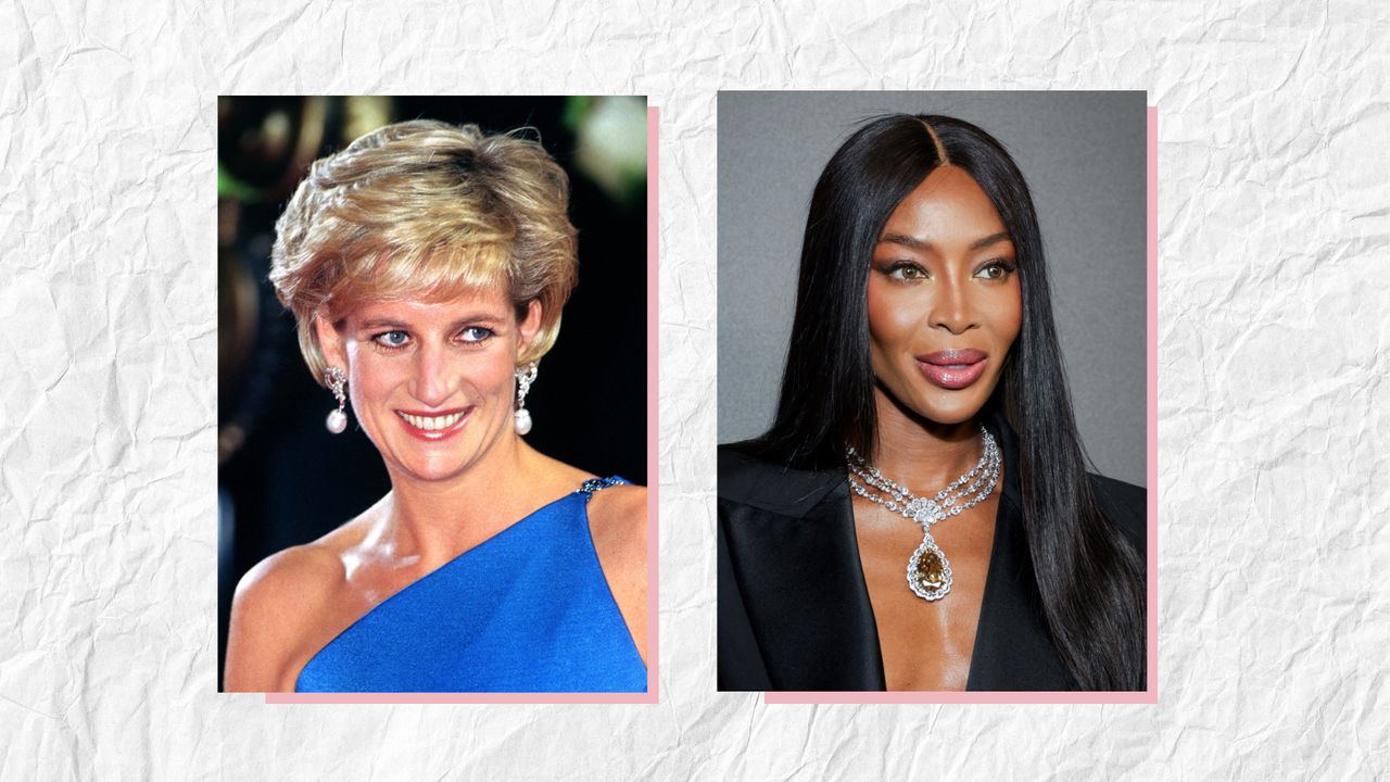 Two vertical images showing Princess Diana (left) and Naomi Campbell (right) set in front of pink frames against a crumpled paper-style background