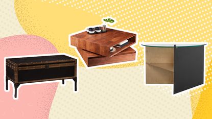 A trio of coffee tables with storage on pink and yellow graphic background