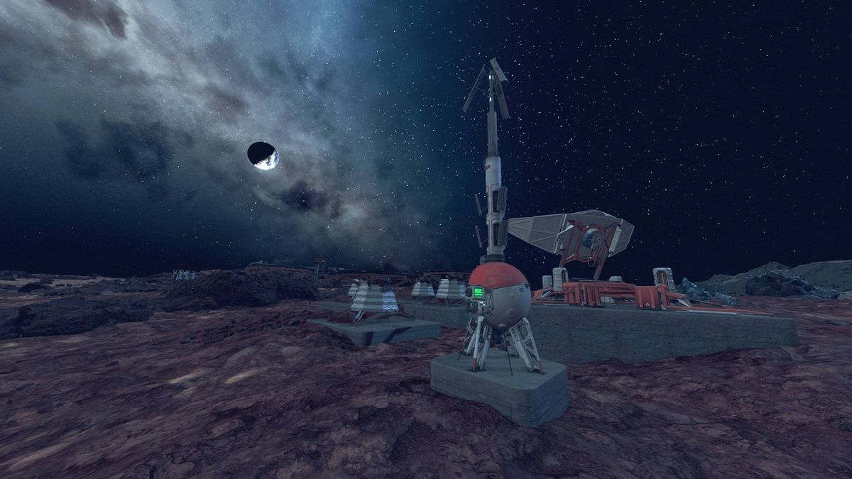 Starfield outpost beacon and solar arrays on moon with starry sky