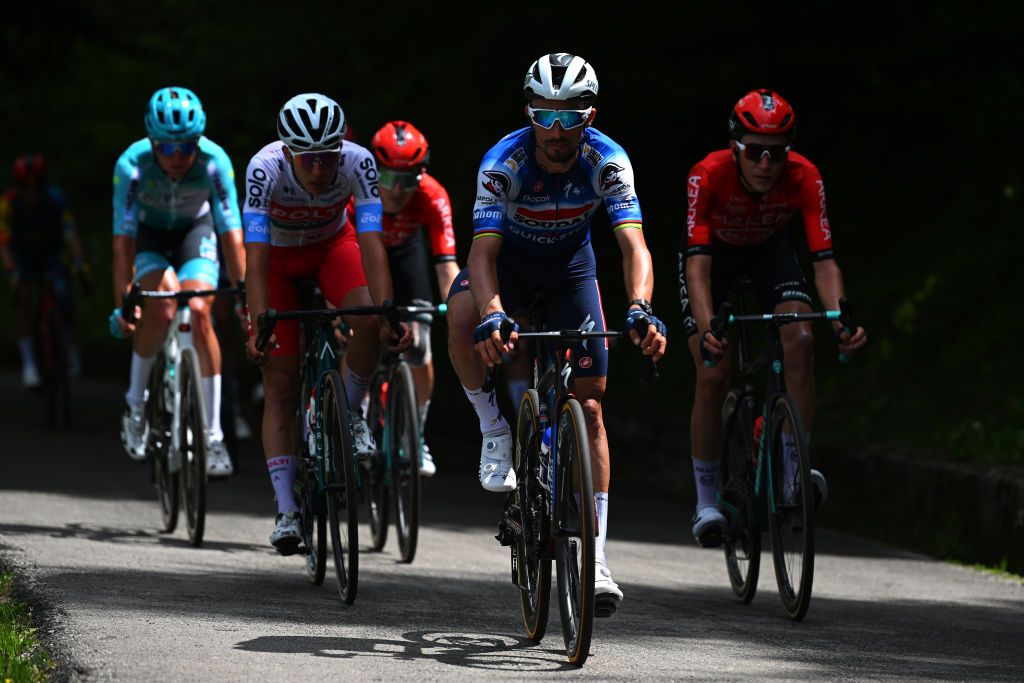 LIVIGNO MOTTOLINO ITALY MAY 19 Julian Alaphilippe of France and Team Soudal QuickStep competes during the 107th Giro dItalia 2024 Stage 15 a 222km stage from Manerba del Garda to Livigno Mottolino 2387m UCIWT on May 19 2024 in Livigno Mottolino Italy Photo by Dario BelingheriGetty Images