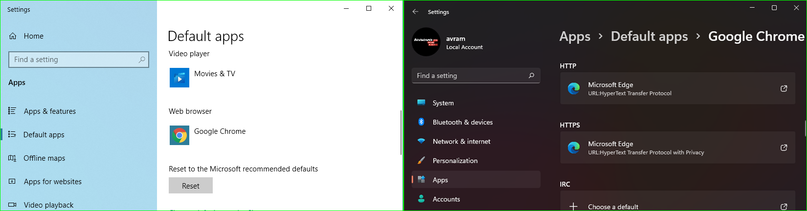 Windows 10 Left vs Windows 11 Right Default apps settings for browsers.