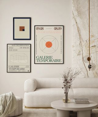 Sophisticated wall decor of geometric shapes and typography in beige, blue and orange tones with a focus on minimalistic and Scandinavian design.