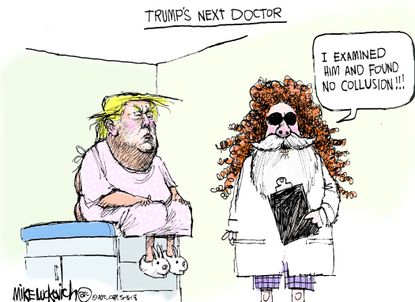Political cartoon U.S. doctor Trump collusion medical report