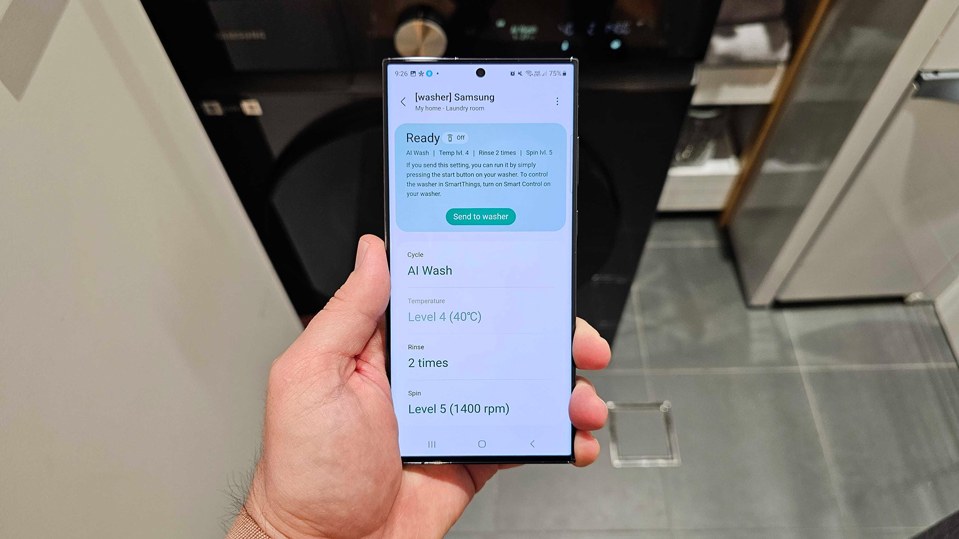 Samsung Bespoke AI Front Load Washer in AI Wash mode