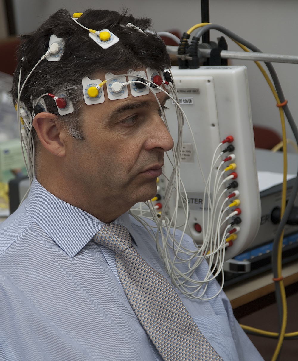 Brain activity sensors being used on one of the Principle Investigators for this trial (Professor Hugh McCann).