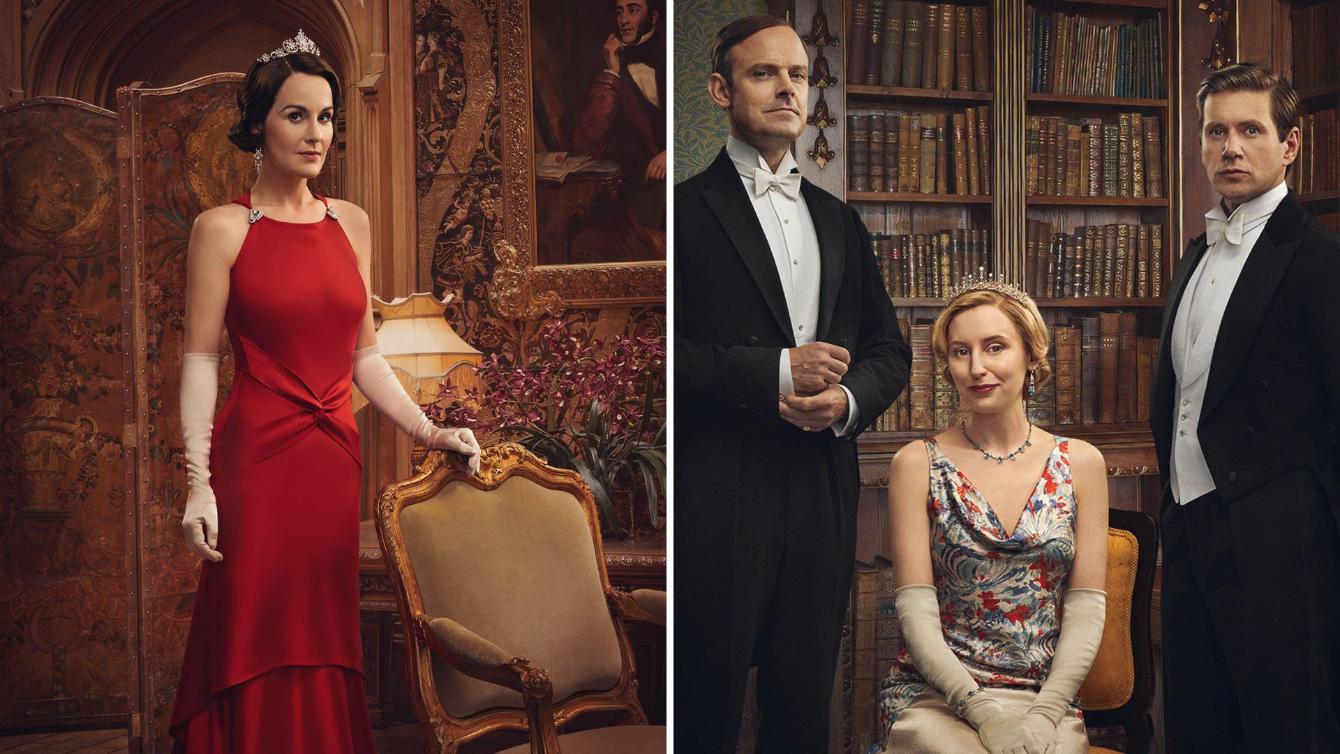 L-Michelle Dockery for Downton Abbey, R-Cast members including Laura Carmichael for Downton Abbey