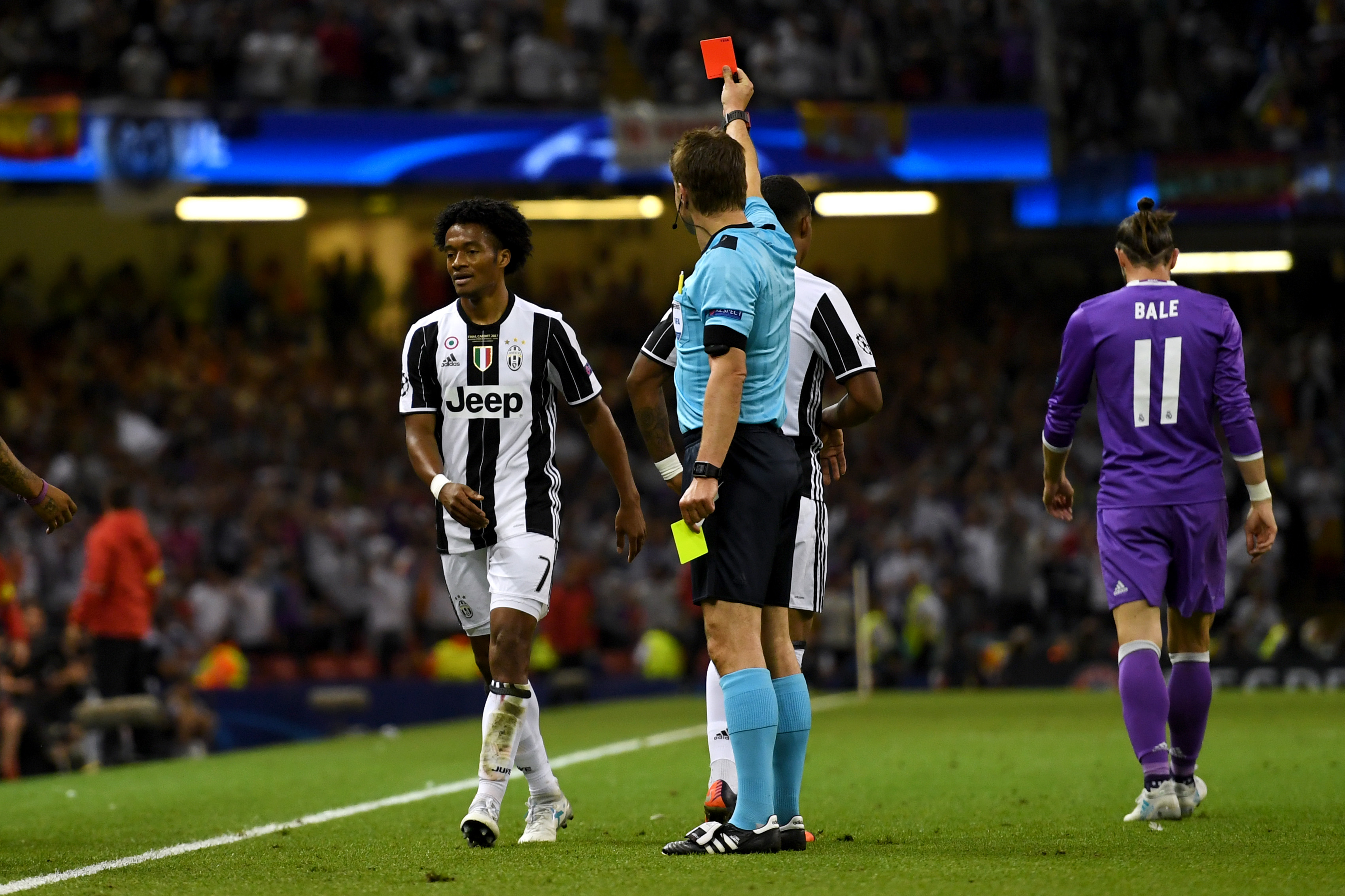 Juventus' Juan Cuadrado is shown a red card in the 2017 Champions League final against Real Madrid.