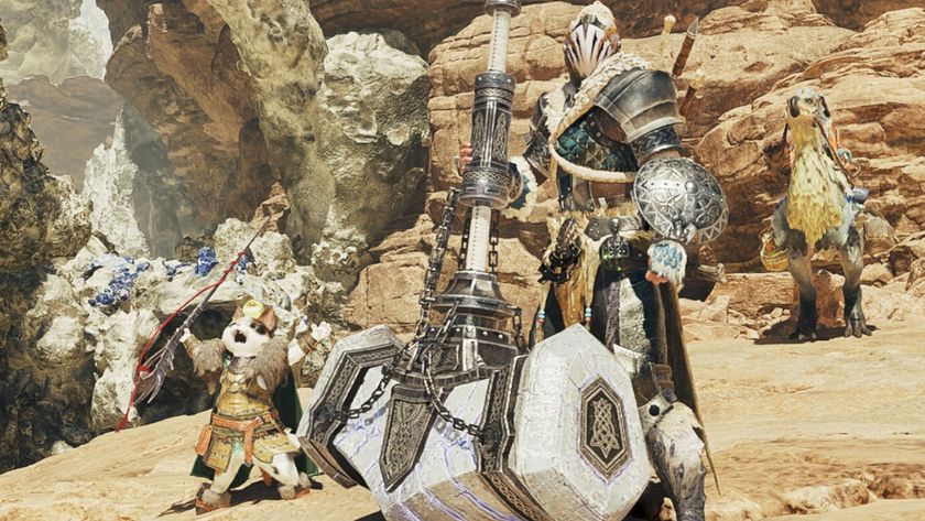 A hunter poses with a large hammer as their palico cheers nearby in Monster Hunter Wilds.