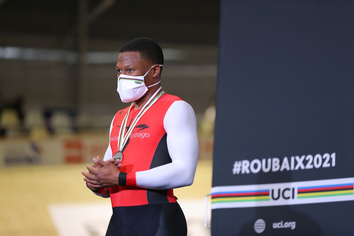 Picture by Alex Whitehead/SWpix.com - 22/10/2021 - Cycling - Tissot 2021 UCI Track Cycling World Championships - Men's 1Km Time Trial Final - Stab Velodrome, Roubaix, France - Podium - Trinidad &amp; Tobago's Nicholas Paul takes silver in the men's 1Km time trial finals.