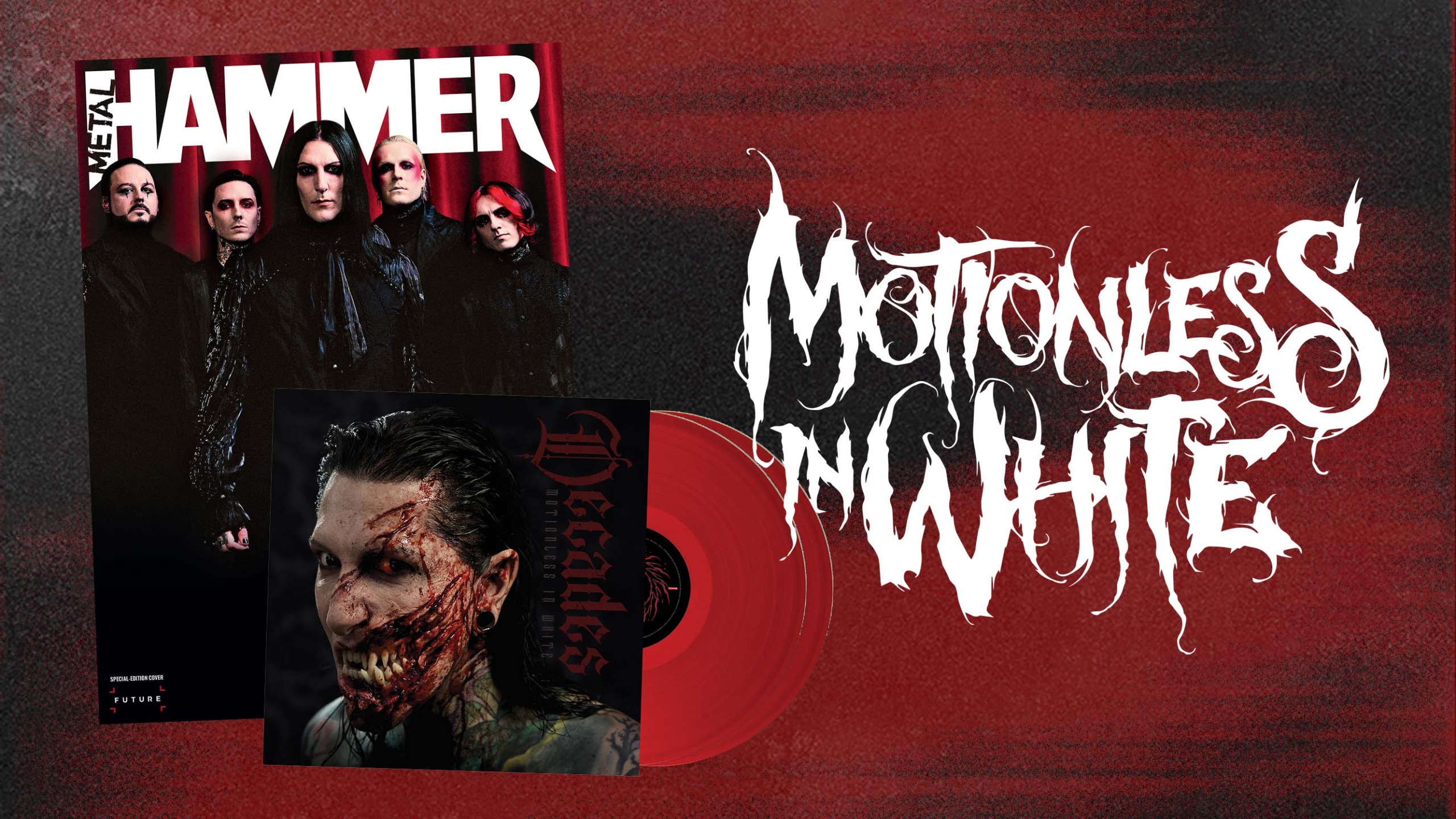 Motionless In White on the cover of Metal Hammer, with a red vinyl copy of their Decades album