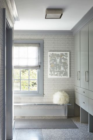 mudroom ideas with grey patterned wallpaper