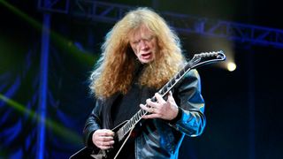 Guitarist Dave Mustaine of American thrash metal band Megadeth performs on stage during the third day of the Hell & Heaven Metal Fest at Foro Pegaso.
