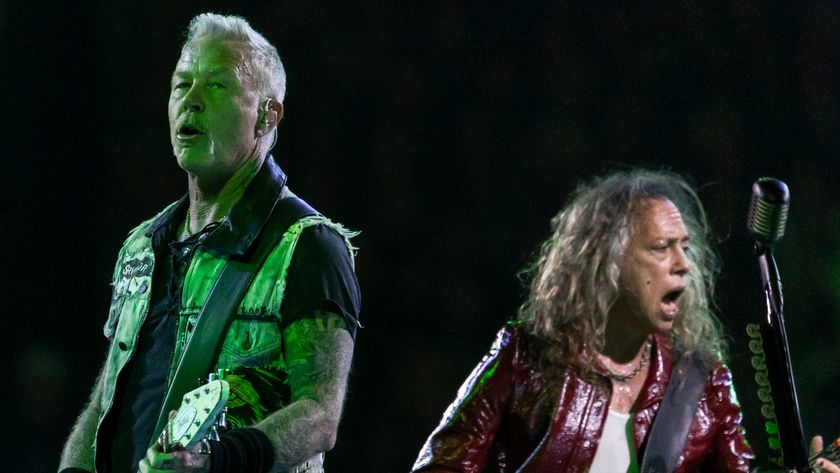 James Hetfield and Kirk Hammett of Metallica playing live in 2023