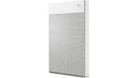Seagate Ultra Touch external hard drive for Mac standing vertically on white background