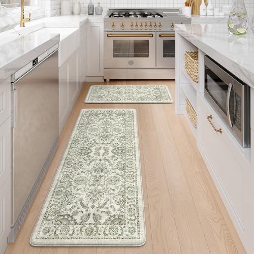 Kimode Anti Fatigue Kitchen Mat Set, Non Slip Waterproof Kitchen Rug Set of 2, Boho Rugs for Kitchen, Ergonomic Standing Kitchen Sink Mats for Floor, 17.3&quot;x47&quot;+17.3&quot;x29&quot;, Green