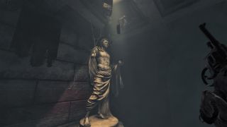 Roman statue in catacombs lit by sunlight