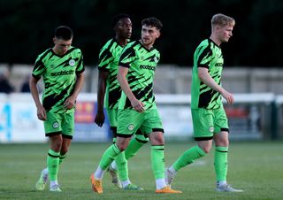 Forest Green Rovers season preview 2023/24 Callum Jones of Forest Green Rovers celebrates after scoring the team's first goal with teammates during the pre-Season friendly match between Melksham Town and Forest Green Rovers at Oakfield Stadium on July 05, 2023 in Melksham, England. Forest Green Rovers caretaker manager Hannah Dingley becomes first woman to take charge of English Football League club. (Photo by Ryan Hiscott/Getty Images)