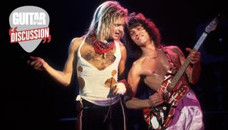 David Lee Roth (left) and Eddie Van Halen perform onstage at the International Amphitheater in Chicago, Illinois on October 11, 1981