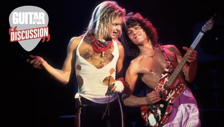 David Lee Roth (left) and Eddie Van Halen perform onstage at the International Amphitheater in Chicago, Illinois on October 11, 1981