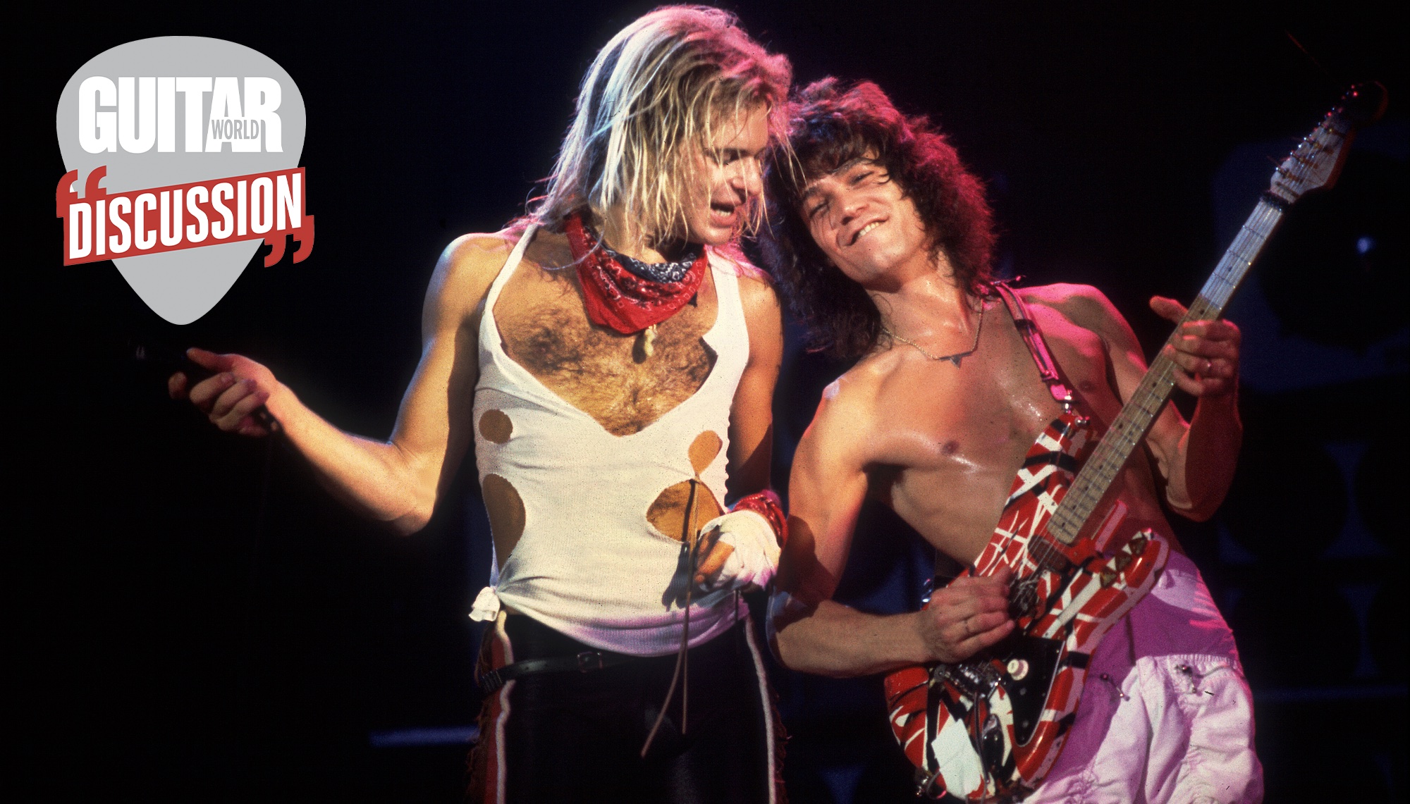 David Lee Roth (left) and Eddie Van Halen perform onstage at the International Amphitheater in Chicago, Illinois on October 11, 1981