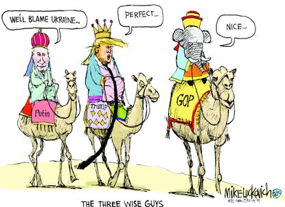 Political Cartoon U.S. Three Wise Putin Trump GOP Men Blame Ukraine