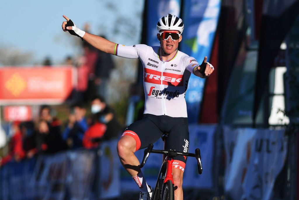 BELLEGARDESURVALSERINE FRANCE FEBRUARY 02 Mad Pedersen of Denmark and Team Trek Segafredo celebrates at finish line as stage winner during the 52nd toile De Bessges Tour Du Gard 2022 Stage 1 a 1608km stage from Bellegarde to Bellegarde 161m EtoiledeBesseges EDB2022 on February 02 2022 in BellegardesurValserine France Photo by Luc ClaessenGetty Images