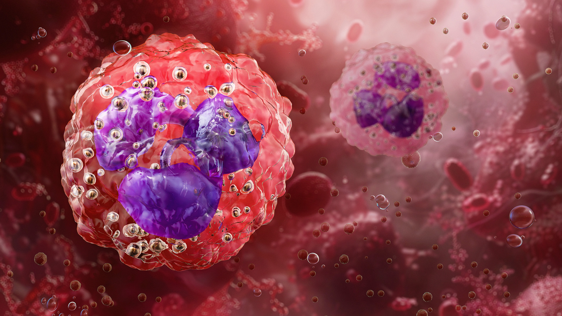 An illustration of a red sphere with purple blobs inside floating inside a blood vessel.