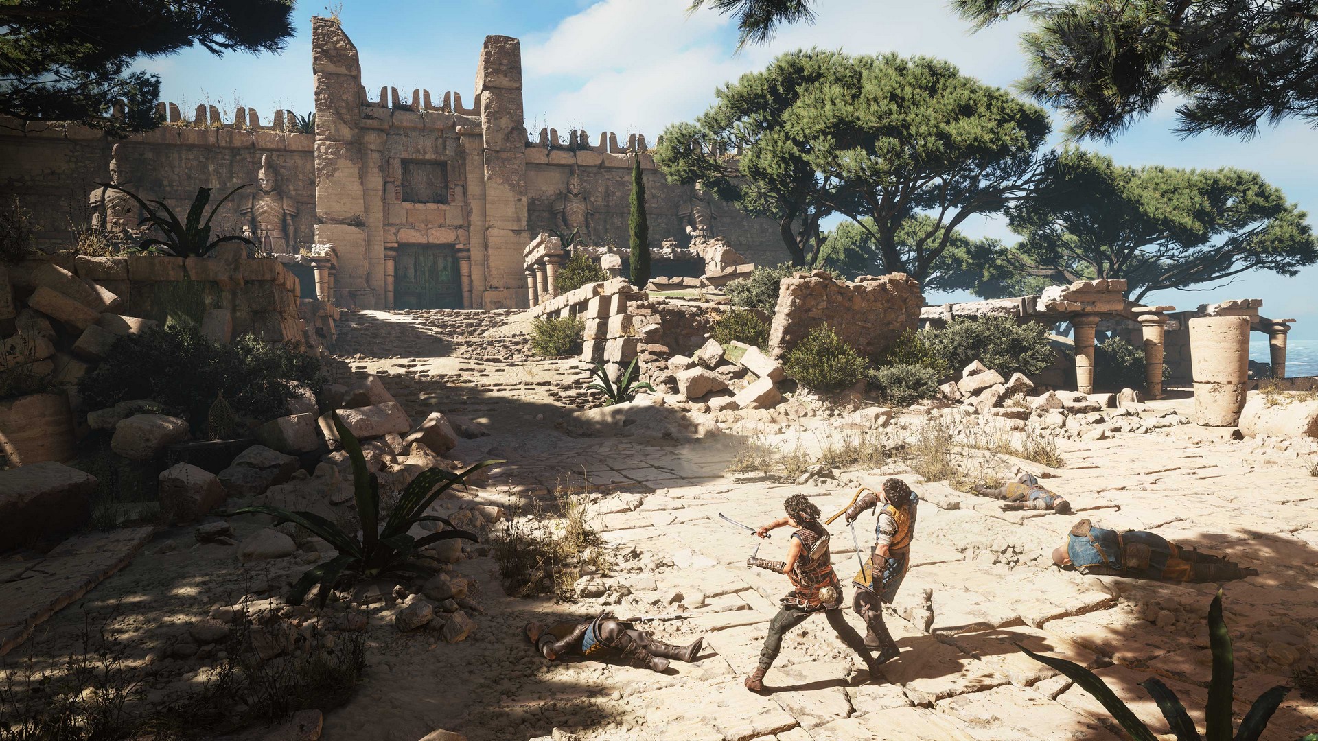 In front of a sunny temple in Resonance: A Plague Tale Legacy, Sophia fights with a sword