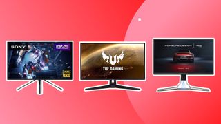 Three of the Best monitors for PS5 on a red background