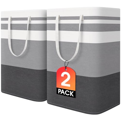 Homehacks 2 Pack Large Laundry Baskets, Waterproof, Freestanding Laundry Hampers, Collapsible Clothes Hamper With Reinforced Handles in Laundry Room, College Dorm, Bathroom, Bedroom (grey, 75lx2)