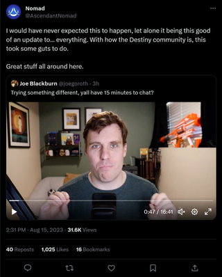 I would have never expected this to happen, let alone it being this good of an update to... everything. With how the Destiny community is, this took some guts to do. Great stuff all around here.