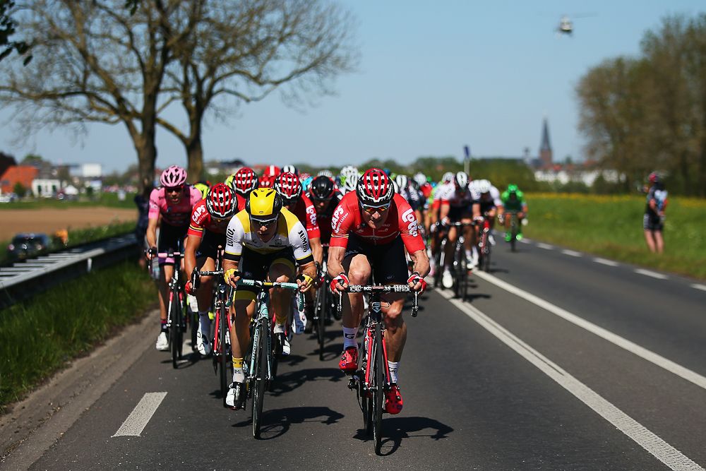 A Lotto Soudal riders drives the pace during the Giro's third stage.