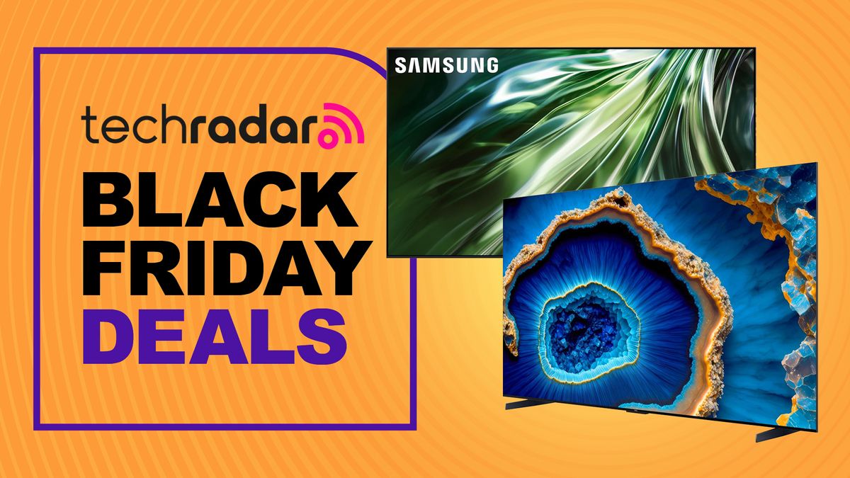 Black Friday TV deals UK 2024 header image with Samsung QN90D and TCL C805 on orange background 