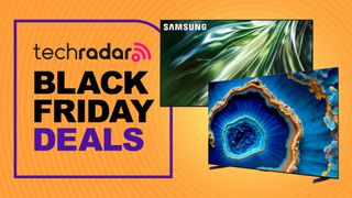 Black Friday TV deals UK 2024 header image with Samsung QN90D and TCL C805 on orange background 