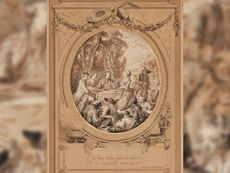 Preparatory sketch with a drawn frame for an illustration of the Comedy Les Moissonneurs, 1768, by Charles Dominique Joseph Eisen (1720&ndash;1778).