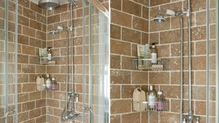 A brown tiled shower enclosure with a chrome show fitting and shower caddy to show areas to clean daily