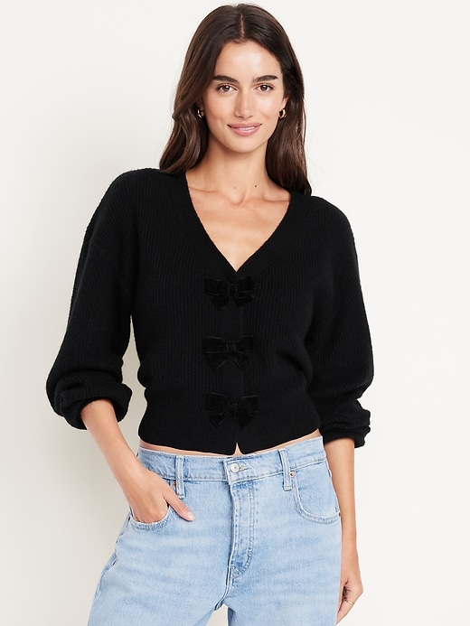 Sosoft V-Neck Bow-Front Cardigan Sweater