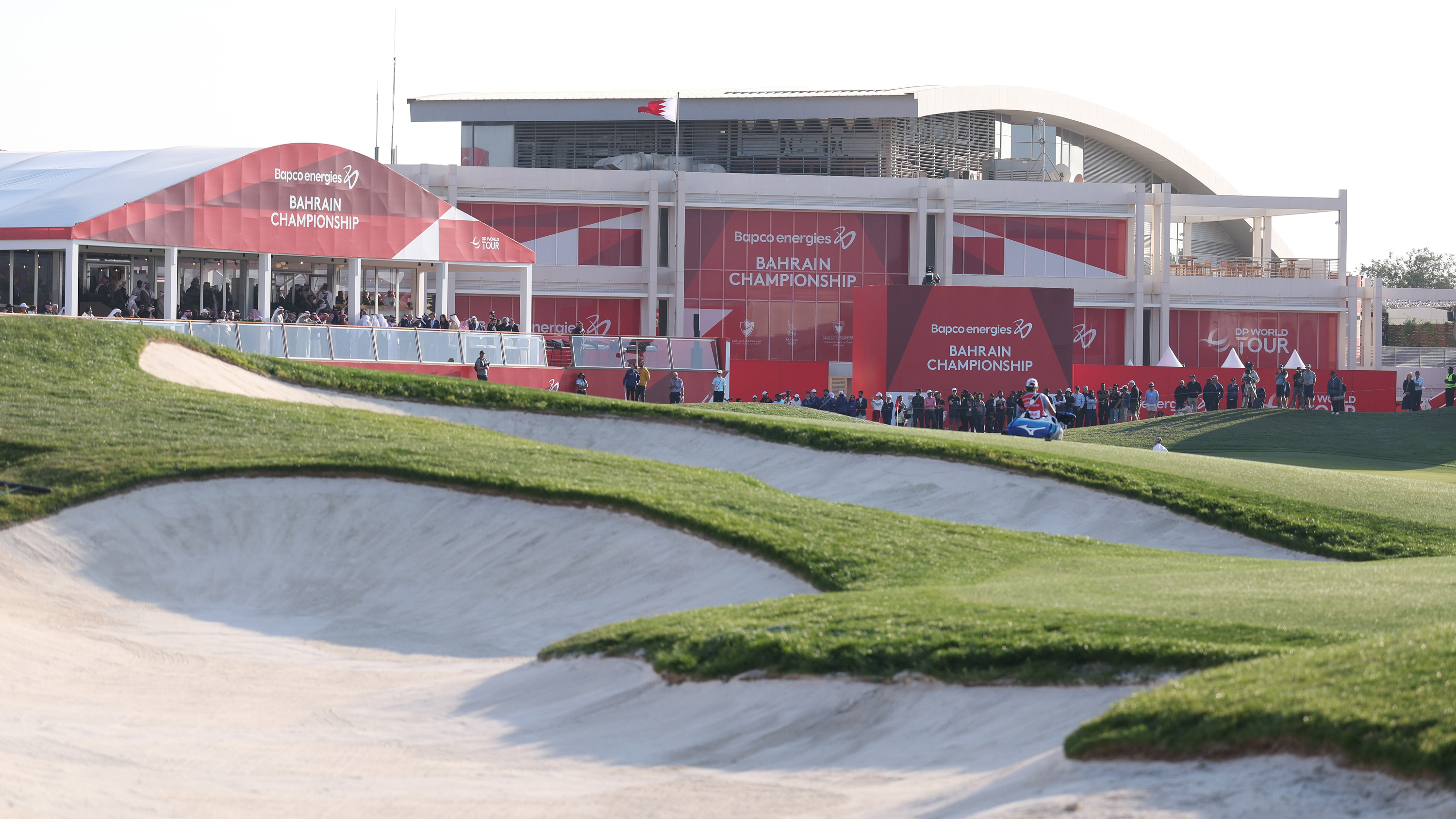Bunkers surrounding the 18th green at the Bahrain Championship venue Royal GC