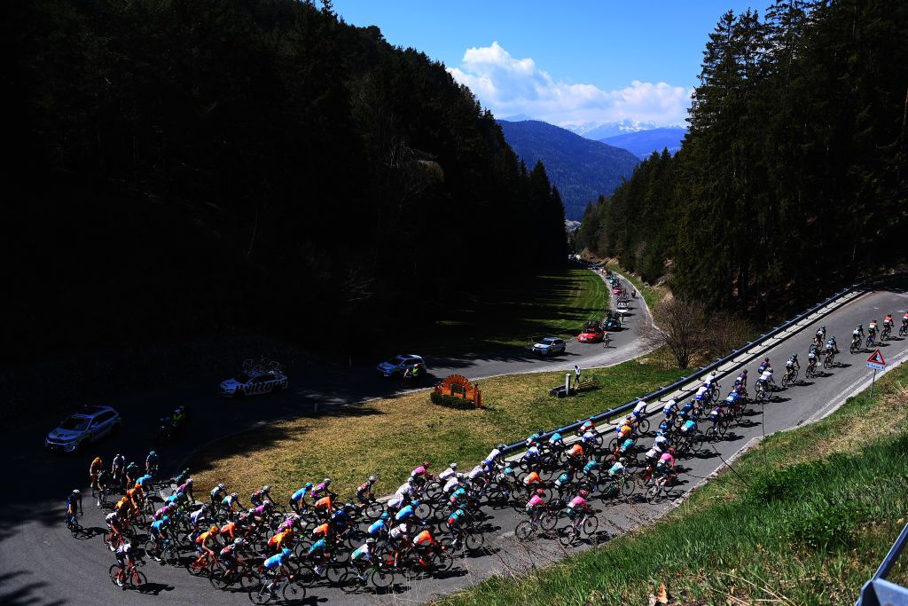 TOBLACH HOCHPUSTERTAL ITALY APRIL 20 A general view of the peloton passing through a landscape during the 45th Tour of the Alps 2022 Stage 3 a 1546km stage from Lana to Villabassa TouroftheAlps on April 20 2022 in Toblach Hochpustertal Italy Photo by Tim de WaeleGetty Images