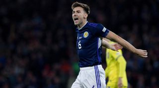 Kieran Tierney of Scotland gestures during the UEFA Nations League match between Scotland and Ukraine at Hampden Park on 21 September, 2022 in Glasgow, United Kingdom.