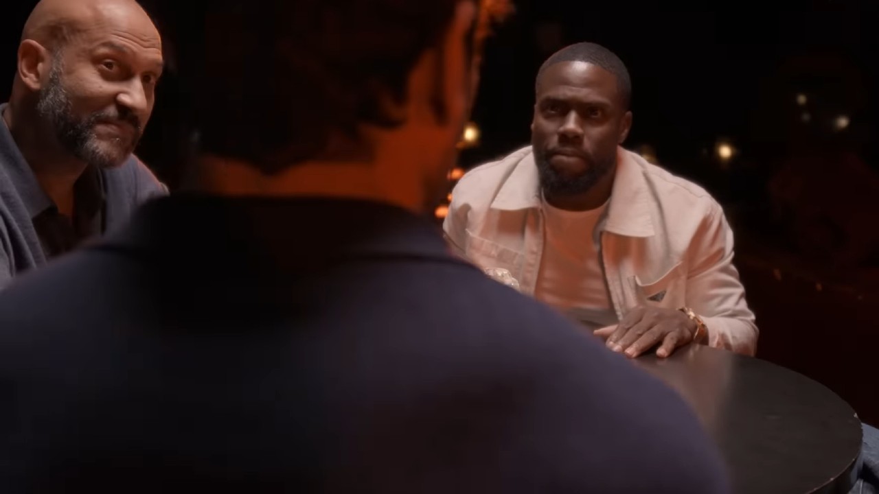 Keegan-Michael Key and Kevin Hart looking at Kumail Nanjiani in Funny AF with Kevin Hart.