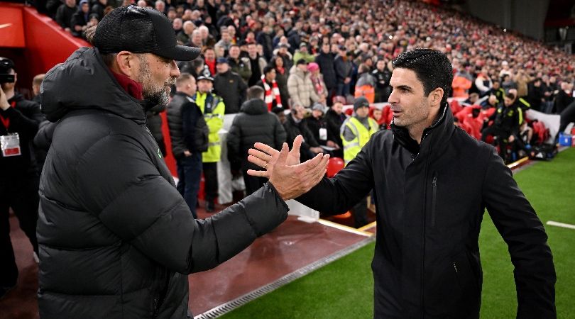 Liverpool manager Jurgen Klopp greets Arsenal boss Mikel Arteta during the teams&#039; meeting at Anfield in December 2023. 