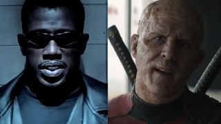 Blade looking smug because he had the upper hand, Ryan Reynold's as Wade Wilson aka Deadpool without his mask. 