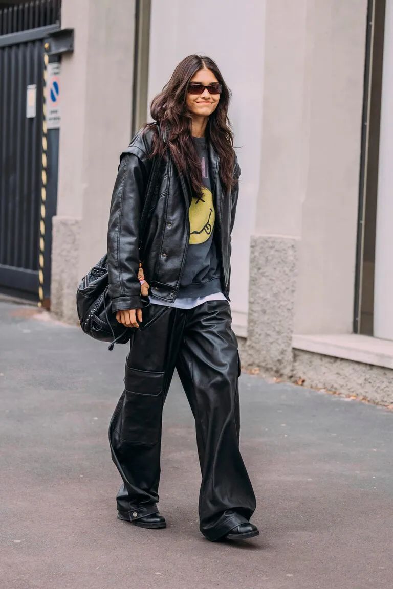 Downtown girl in leather and a vintage t-shirt