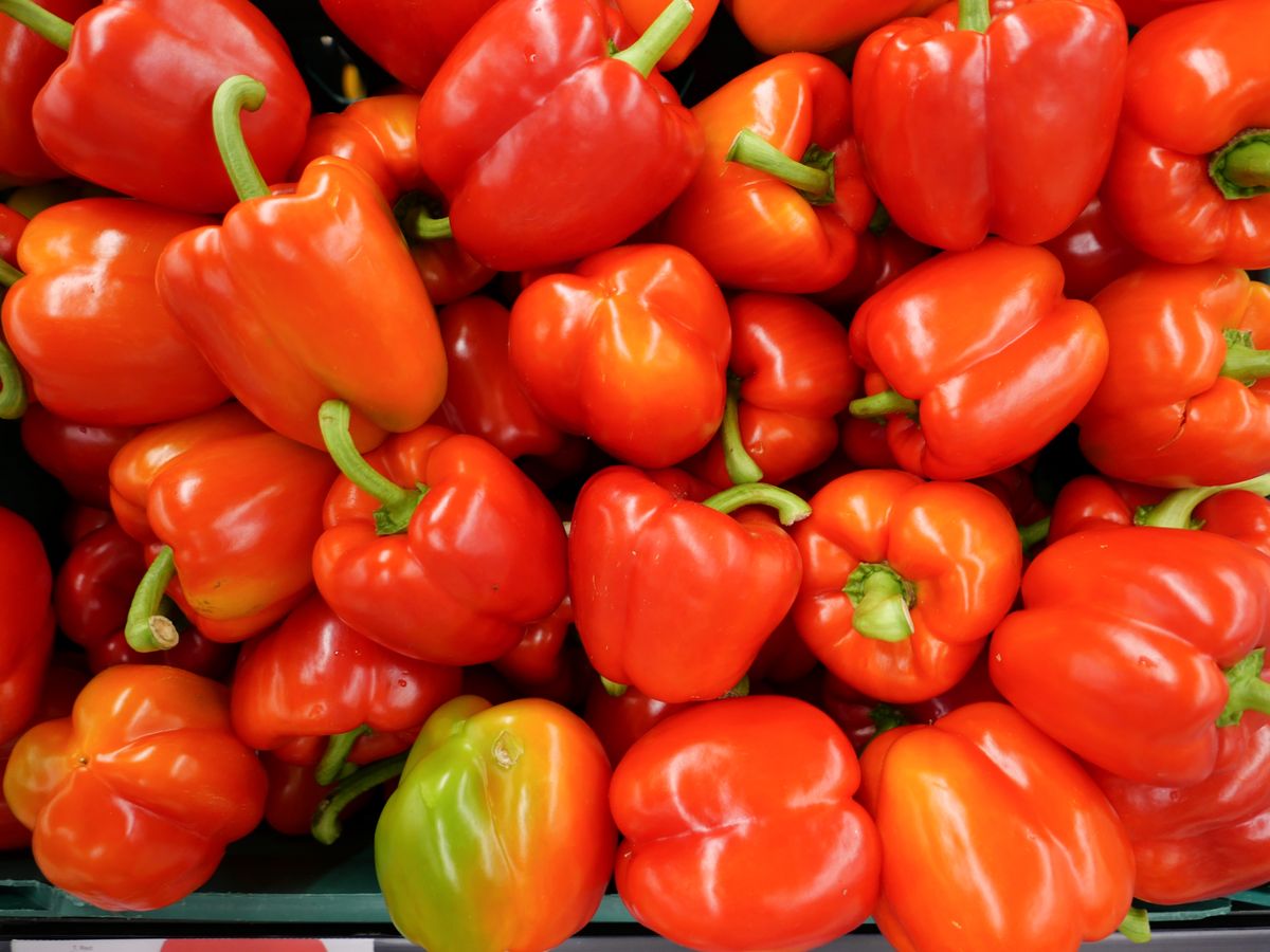 Lots of red peppers in a supermarket basket