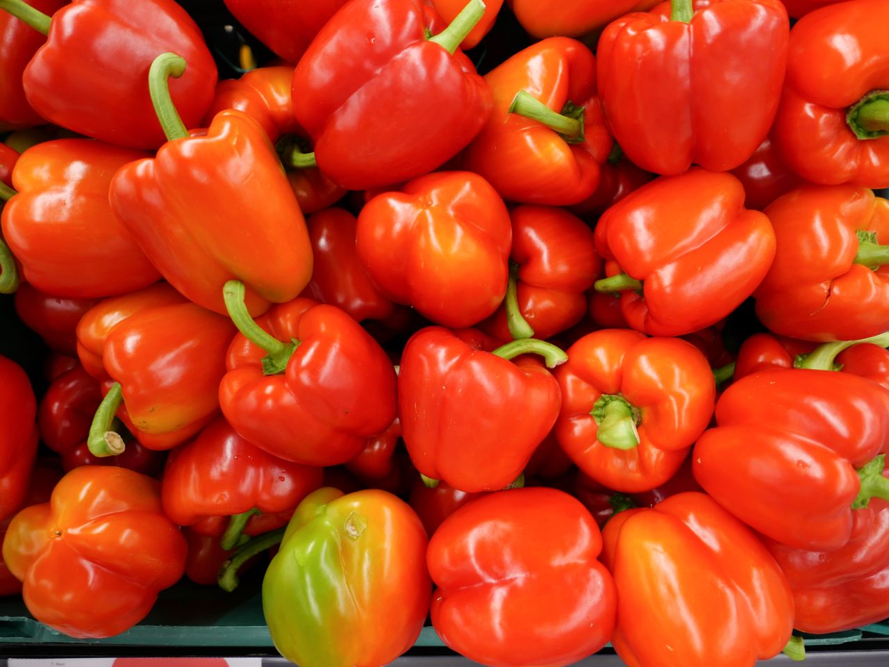 Lots of red peppers in a supermarket basket