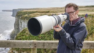 Photo of the Canon RF 600mm F4L IS USM super-telephoto prime lens in use at the RSPB Bempton Cliffs nature reserve in Yorkshire, England, UK