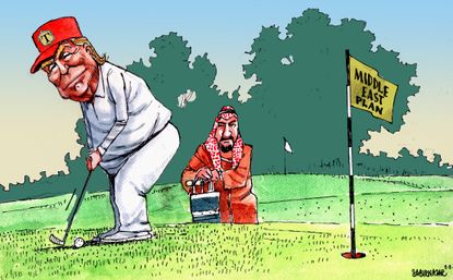 Political Cartoon U.S. Trump golfing Middle East
