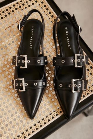 Black Leather Buckled Flat Shoes